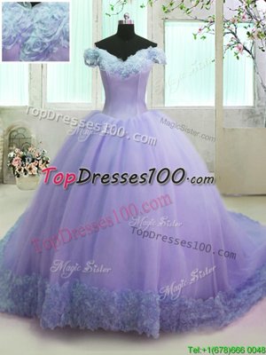 Hot Selling Lavender Ball Gowns Organza Off The Shoulder Short Sleeves Hand Made Flower With Train Lace Up Sweet 16 Dresses Court Train