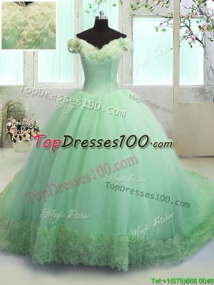 Off the Shoulder Short Sleeves With Train Hand Made Flower Lace Up Quinceanera Dresses with Court Train