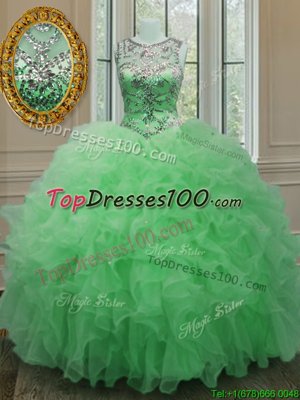 Nice Scoop Green Ball Gowns Beading and Ruffles Ball Gown Prom Dress Lace Up Organza Sleeveless Floor Length