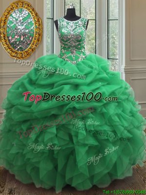 Most Popular Scoop Clasp Handle Floor Length Turquoise 15th Birthday Dress Organza Sleeveless Appliques and Ruffles