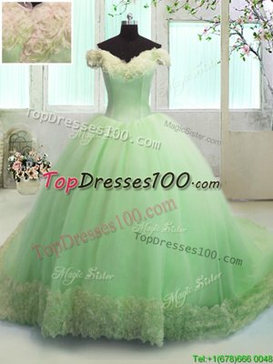 Off the Shoulder Apple Green Short Sleeves Court Train Hand Made Flower With Train Sweet 16 Dresses