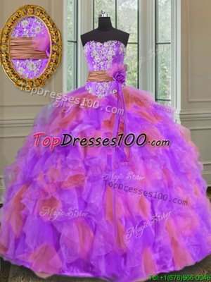 Custom Fit Multi-color Sleeveless Floor Length Beading and Ruffles and Sashes|ribbons and Hand Made Flower Lace Up Quinceanera Gown