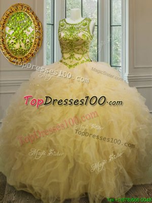 Fashionable Scoop Floor Length Ball Gowns Sleeveless Light Yellow Quinceanera Gown Lace Up