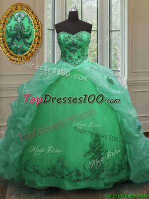 Simple Pick Ups With Train Green Quinceanera Gowns Sweetheart Sleeveless Court Train Lace Up