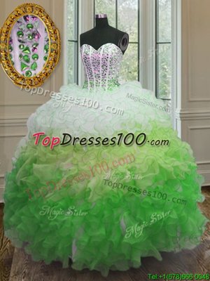 Floor Length Lace Up Ball Gown Prom Dress Turquoise and In for Military Ball and Sweet 16 and Quinceanera with Beading and Ruffles