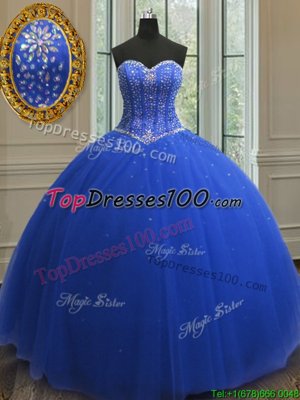 Deluxe Sequins Ball Gowns Sweet 16 Dresses Royal Blue Sweetheart Tulle Sleeveless Floor Length Lace Up