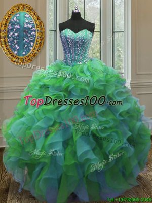 Multi-color Lace Up Quince Ball Gowns Beading and Appliques and Ruffles and Sashes|ribbons and Hand Made Flower Sleeveless Floor Length