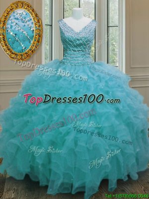 Dynamic Floor Length Aqua Blue 15th Birthday Dress Organza Sleeveless Beading and Ruffles