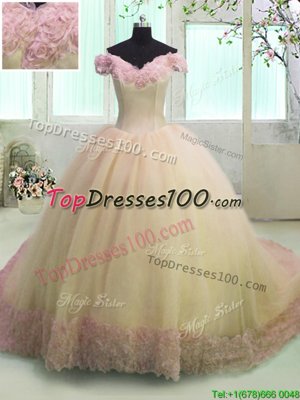 Hot Sale Off the Shoulder Hand Made Flower 15 Quinceanera Dress Yellow Lace Up Short Sleeves With Train Court Train