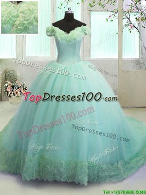 Turquoise Ball Gowns Off The Shoulder Sleeveless Organza With Train Court Train Lace Up Hand Made Flower Sweet 16 Quinceanera Dress