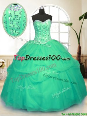 Clearance Sequins Pick Ups Floor Length Ball Gowns Sleeveless Green Quince Ball Gowns Lace Up