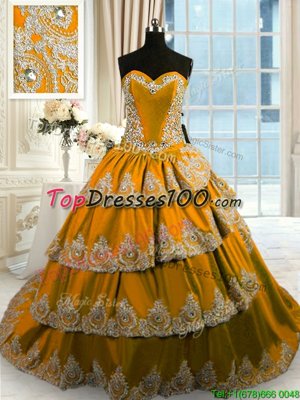 Super Ruffled Brown Sleeveless Taffeta Court Train Lace Up Sweet 16 Dresses for Military Ball and Sweet 16 and Quinceanera