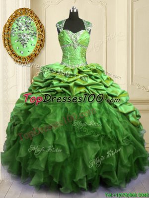 Sweetheart Cap Sleeves Organza and Taffeta Quince Ball Gowns Beading and Ruffles and Pick Ups Brush Train Lace Up