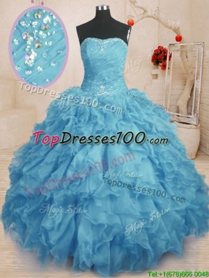 Glittering Baby Blue Organza Lace Up Sweetheart Sleeveless Floor Length Sweet 16 Quinceanera Dress Beading and Ruffles and Ruching