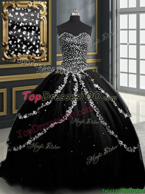Unique Black Ball Gowns Sweetheart Sleeveless Tulle With Brush Train Lace Up Beading and Appliques Quince Ball Gowns
