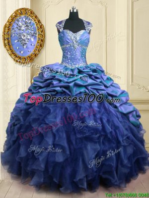 Flare Blue Organza and Taffeta Lace Up Sweetheart Cap Sleeves With Train Quinceanera Gown Brush Train Beading and Ruffles and Pick Ups