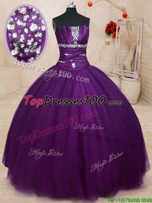 Dark Purple Vestidos de Quinceanera Military Ball and Sweet 16 and Quinceanera and For with Beading Strapless Sleeveless Lace Up