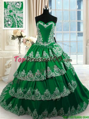 Clearance Ruffled With Train Dark Green Quinceanera Gown Sweetheart Sleeveless Court Train Lace Up