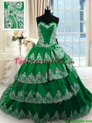 Clearance Ruffled With Train Dark Green Quinceanera Gown Sweetheart Sleeveless Court Train Lace Up