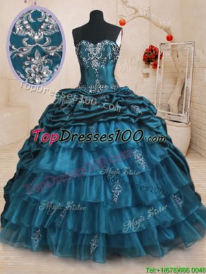 Organza and Taffeta Sleeveless With Train Quinceanera Dresses Sweep Train and Beading and Appliques and Ruffled Layers and Pick Ups