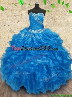 Captivating Baby Blue Lace Up Sweetheart Beading and Ruching Quince Ball Gowns Organza Sleeveless