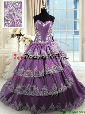 Ruffled Ball Gowns Sweet 16 Dress Purple Sweetheart Taffeta Sleeveless With Train Lace Up