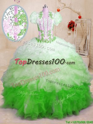 Multi-color Sweetheart Lace Up Beading and Appliques and Ruffles Sweet 16 Dress Brush Train Sleeveless