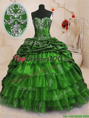 Fashionable Ball Gowns Sweetheart Sleeveless Organza and Taffeta With Train Sweep Train Lace Up Beading and Appliques and Ruffled Layers and Pick Ups Sweet 16 Dresses