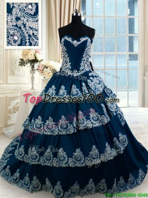 Sleeveless Taffeta With Train Court Train Lace Up Quince Ball Gowns in Navy Blue for with Beading and Appliques and Ruffled Layers