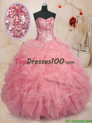 Baby Pink Ball Gowns Sweetheart Sleeveless Organza Floor Length Lace Up Beading and Ruffles Sweet 16 Dress