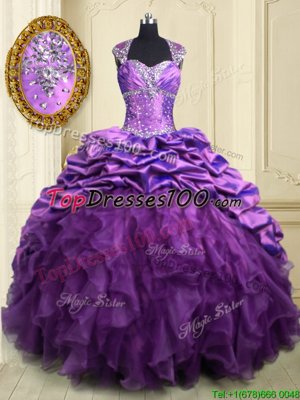 High End Purple Ball Gowns Organza and Taffeta Sweetheart Cap Sleeves Beading and Ruffles and Pick Ups With Train Lace Up 15th Birthday Dress Brush Train