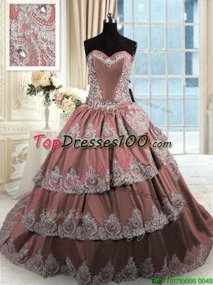 Sleeveless Court Train Beading and Appliques and Ruffled Layers Lace Up Quinceanera Dress