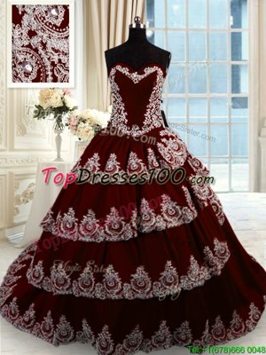 Wine Red Lace Up Sweetheart Beading and Appliques and Ruffled Layers Quinceanera Gowns Taffeta Sleeveless Court Train