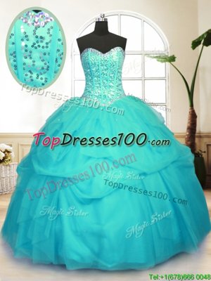 Sleeveless Floor Length Sequins and Pick Ups Lace Up Quinceanera Dress with Aqua Blue
