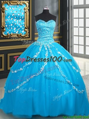 Fitting Baby Blue Sweetheart Lace Up Beading and Appliques Sweet 16 Dress Brush Train Sleeveless
