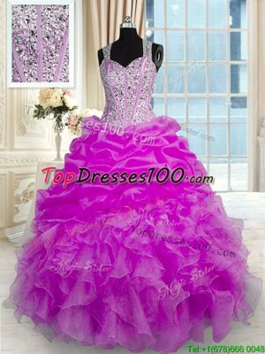 Sophisticated Fuchsia Ball Gowns Organza and Taffeta Straps Sleeveless Beading and Ruffles and Pick Ups Floor Length Zipper Quinceanera Dress