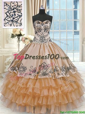 Orange Ball Gowns Sweetheart Sleeveless Taffeta Floor Length Lace Up Beading and Embroidery and Ruffles Quinceanera Gowns