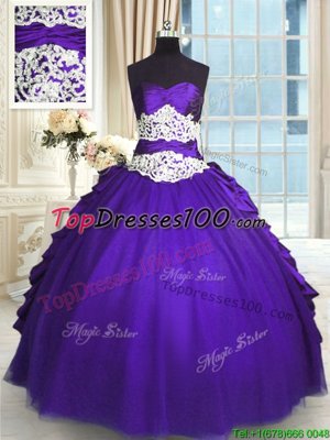 Shining Sweetheart Sleeveless Sweet 16 Dresses Floor Length Beading and Lace and Appliques and Ruching and Pick Ups Purple Taffeta and Tulle