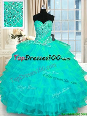 Sleeveless Organza Floor Length Lace Up Ball Gown Prom Dress in Turquoise for with Beading and Ruffled Layers