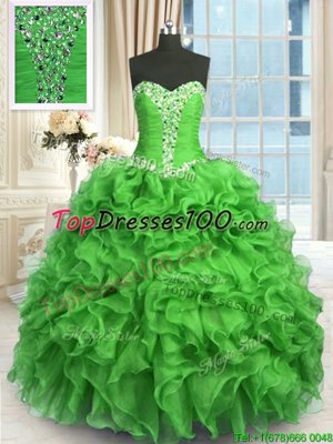 Green Sweetheart Neckline Beading and Ruffles Ball Gown Prom Dress Sleeveless Lace Up