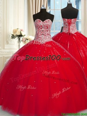 Designer Red Halter Top Lace Up Beading and Sequins Quinceanera Dresses Sleeveless