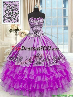 Modest Purple Organza and Taffeta Lace Up Quinceanera Dresses Sleeveless Floor Length Beading and Embroidery and Ruffled Layers