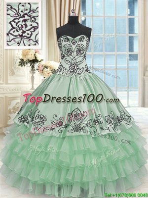 New Style Apple Green Organza and Taffeta Lace Up Quinceanera Gown Sleeveless Floor Length Beading and Embroidery and Ruffled Layers
