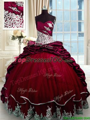 Ideal Wine Red Ball Gowns Taffeta Sweetheart Sleeveless Beading and Appliques and Pick Ups With Train Lace Up 15 Quinceanera Dress Brush Train