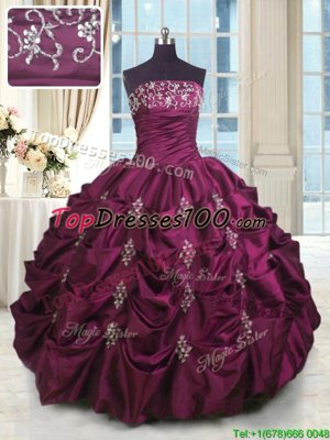 Burgundy Sleeveless Floor Length Beading and Appliques and Embroidery and Pick Ups Lace Up Quinceanera Dresses