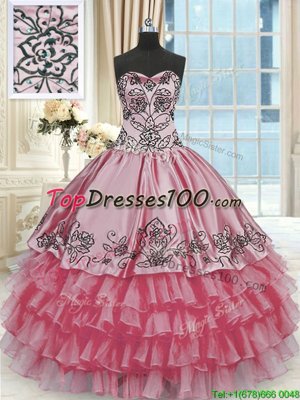 Rose Pink Organza and Taffeta Lace Up Sweetheart Sleeveless Floor Length Vestidos de Quinceanera Beading and Embroidery and Ruffled Layers
