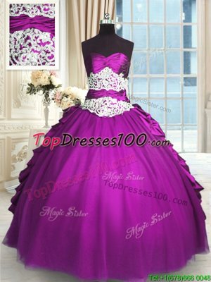 Cheap Eggplant Purple Taffeta and Tulle Lace Up Quinceanera Gowns Sleeveless Floor Length Beading and Lace and Ruching and Pick Ups