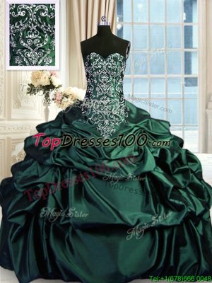 Fantastic Dark Green Ball Gowns Sweetheart Sleeveless Taffeta Floor Length Zipper Beading and Embroidery and Pick Ups Sweet 16 Dress