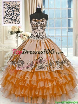 Trendy Floor Length Rust Red Ball Gown Prom Dress Organza and Taffeta Sleeveless Beading and Embroidery and Ruffled Layers