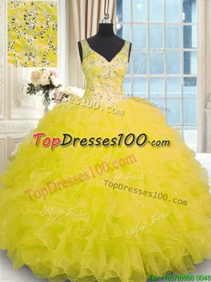Customized Floor Length Zipper Quinceanera Gown Yellow and In for Military Ball and Sweet 16 and Quinceanera with Beading and Ruffles